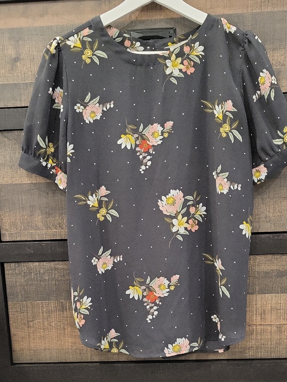 LOFT Black Floral Puff-Sleeve Blouse